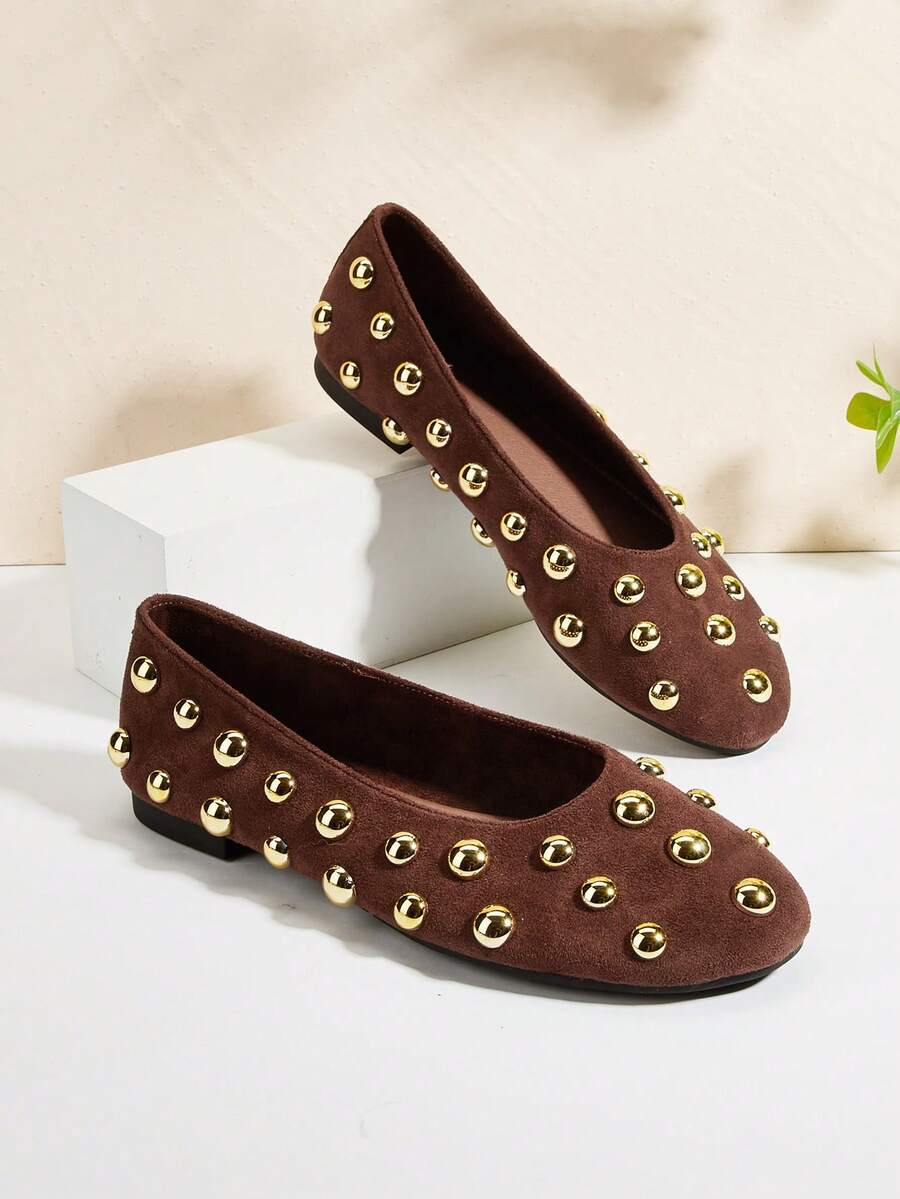 Fall/Winter Basic Cute Studded Office Casual Round Toe Rivet Decor Suede Flat Ballet Flats - Brown - View 1