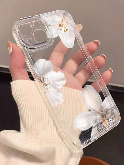 1个透明手机壳，白色百合花图案，适用于多种兼容型号，包括兼容