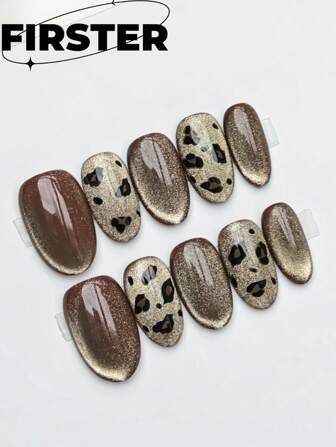 10 件棕色椭圆形手工按压指甲、短指甲、美甲用品、豹纹指甲、金色宽猫眼指甲、棕色指甲、假指甲、秋季和万圣节指甲，适合女士和女孩度假或日常佩戴