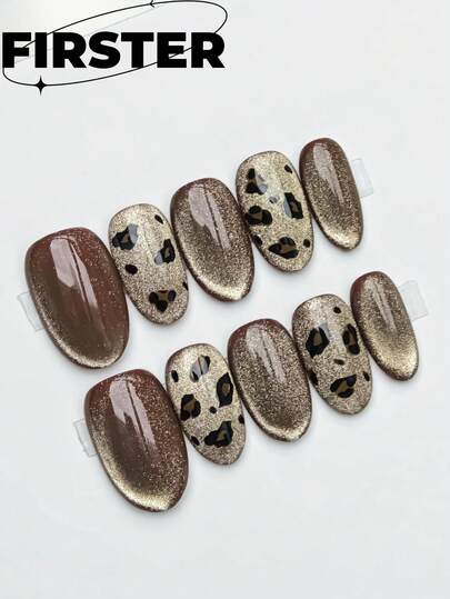 10 件棕色椭圆形手工按压指甲、短指甲、美甲用品、豹纹指甲、金色宽猫眼指甲、棕色指甲、假指甲、秋季和万圣节指甲，适合女士和女孩度假或日常佩戴