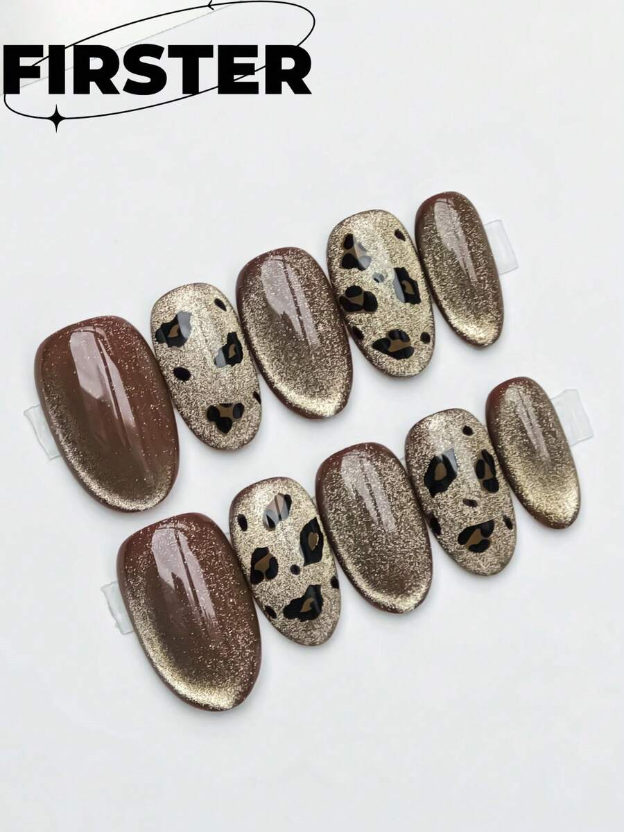 10片棕色椭圆形手工按压式美甲贴片，短款美甲，美甲用品，豹纹美甲，金色宽猫眼美甲，棕色美甲，假指甲，秋季和万圣节美甲，适合女性和女孩度假或日常佩戴，手工按压式美甲贴片