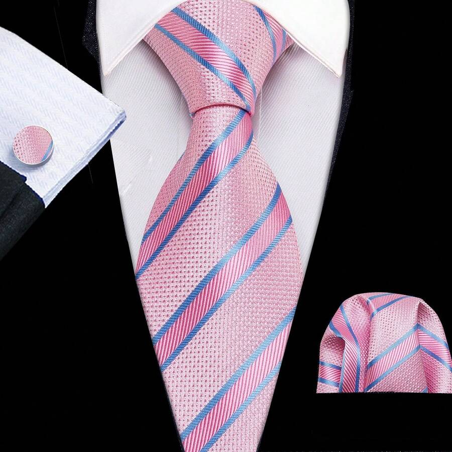 Barry.Wang-Conjunto de gemelos cuadrados de bolsillo para hombre, corbata Floral de Jacquard, color rosa, Coral, melocotón, seda, para boda, de negocios UKCU - N-0433 - Ver 1