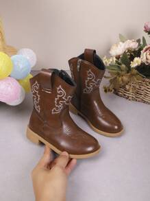 1双儿童时尚休闲牛仔靴，儿童秋冬刺绣中筒复古靴，儿童V型厚筒短靴