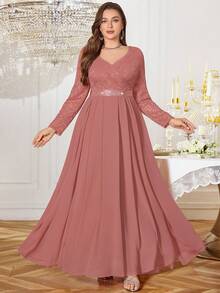 Plus V-Neck Floral Lace Contrast Chiffon Rhinestone Ribbon Waist Formal Party Long Dress, Wedding Guest Dress, For Birthday, Graduation, Homecoming - Dusty Pink - View 5