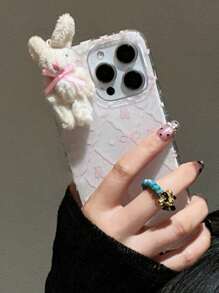 Funda de teléfono suave con diseño de lazo 3D de conejo, patrón de rombos rosa, moño, animal, flor, floral y graffiti, compatible con iPhone 17 Pro Max, 17 Pro, 17 Air, 16, 15 Pro Max, 14, 13 Pro Plus, 12, 11, regalo