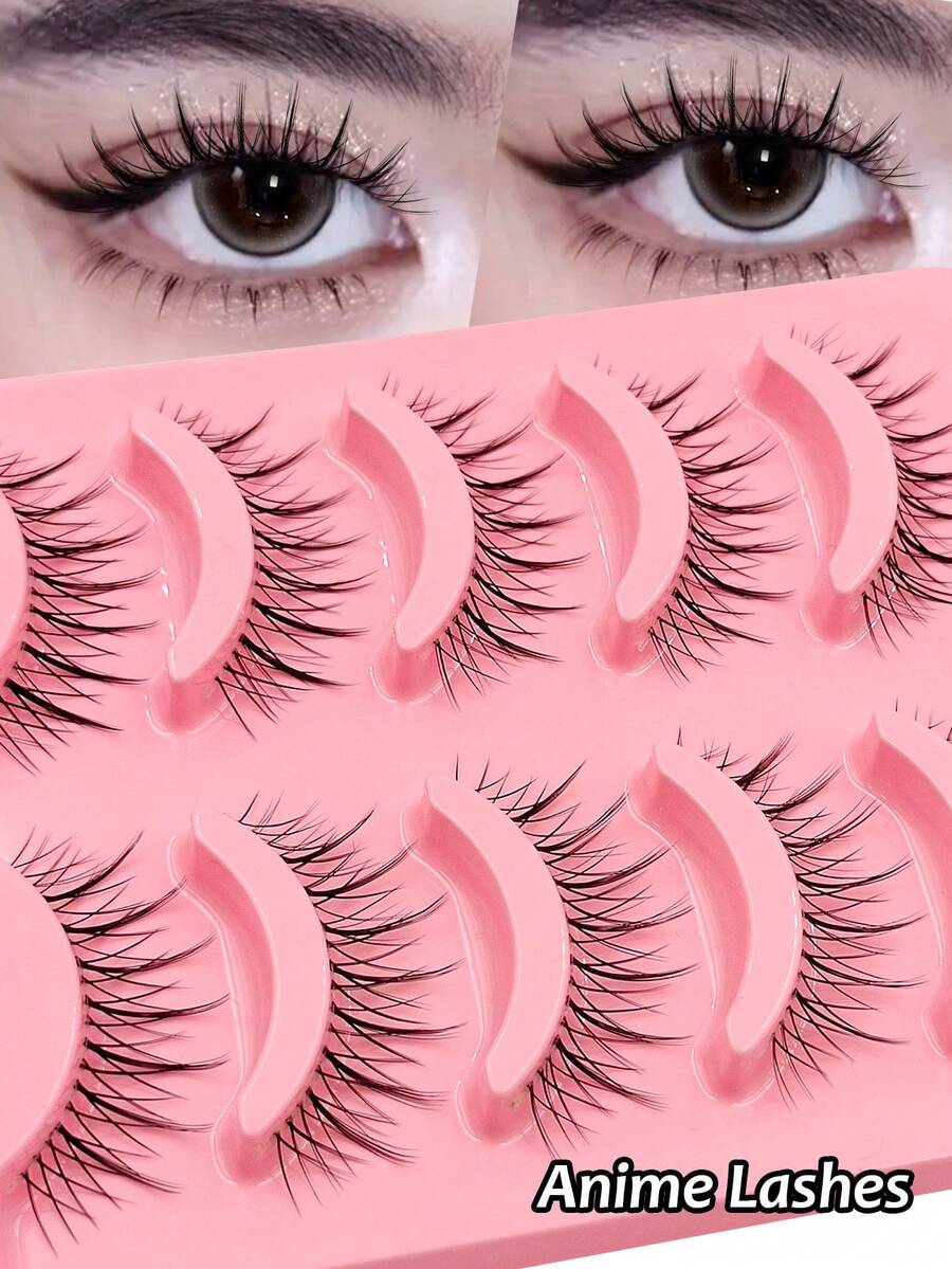 Asiteo 5 Pairs Manga Natural Look False Eyelashes Daily Strip Cross Clear Band Japanese Anime Cosplay Spiky Lashes Invisible Thin Band Cute Lash For Wedding Daily Work Eye Makeup - 黑色 - 查看 1