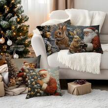 4pcs Vintage Santa Claus & Rabbit Printed Pillow Case Set - Peach Velvet Pillow Cover 45*45cm
