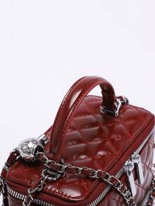 1pc Fashion PU Quilted Rhinestone Embroidery Box Bag, Zipper Small Square Bag, Women's Handbag With Chain Strap, Burgundy, Fashionable Burgundy Bag , Red Bag , Burgundy Bag - Burgundy - View 6