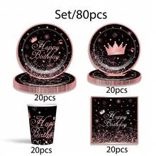 Bộ đồ ăn dùng một lần 80 món cho tiệc sinh nhật, đĩa giấy, cốc và khăn ăn dùng một lần theo chủ đề sinh nhật vui vẻ - màu đen - Xem 14