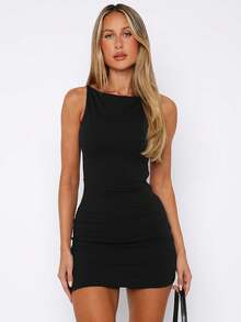 Vestido mini de punto de unicolor sin mangas, de alta elasticidad, minimalista y sexy, con encanto sexy, adecuado para vacaciones de verano, fiestas en la playa, fiestas de cóctel, clubes, citas callejeras, Navidad, Año Nuevo - Negro - Ver 1