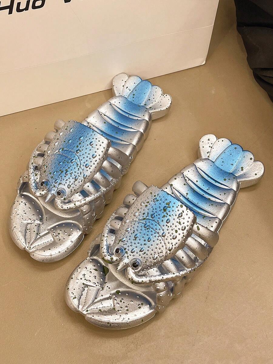 男士塑料拖鞋，情侣款搞笑卡通龙虾拖鞋，休闲家居拖鞋，配色简洁，脚感舒适，时尚舒适，适用于浴室、沙滩及日常场景，轻便实用的室内鞋，休闲沙滩度假搞笑卡通平底拖鞋，男士凉鞋