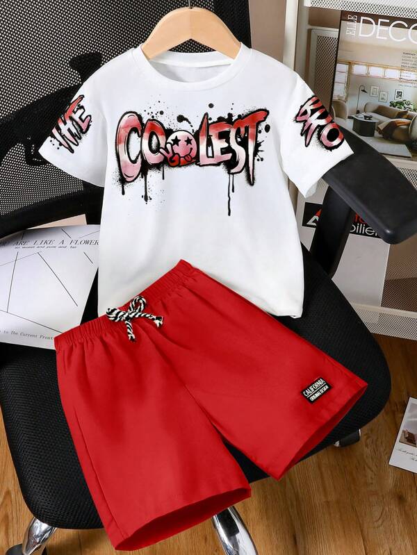 Set tricou și pantaloni scurți cu mânecă scurtă și imprimeu cu litere pentru băieți preadolescenti