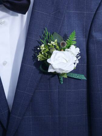 1pc Men's Faux Rose Flower & Leaf Decor Boutonniere, Elegant Accessory Suitable For Wedding, Party, Formal Occasions