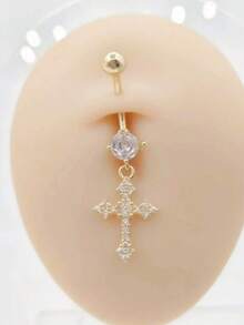 Anneau de nombril décoré de croix en strass dorés - Croix d'or - Voir 2