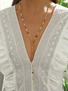 1 件女士 Y 形链流苏项链，百搭长链彩色仿水晶吊坠项链，送给朋友的礼物