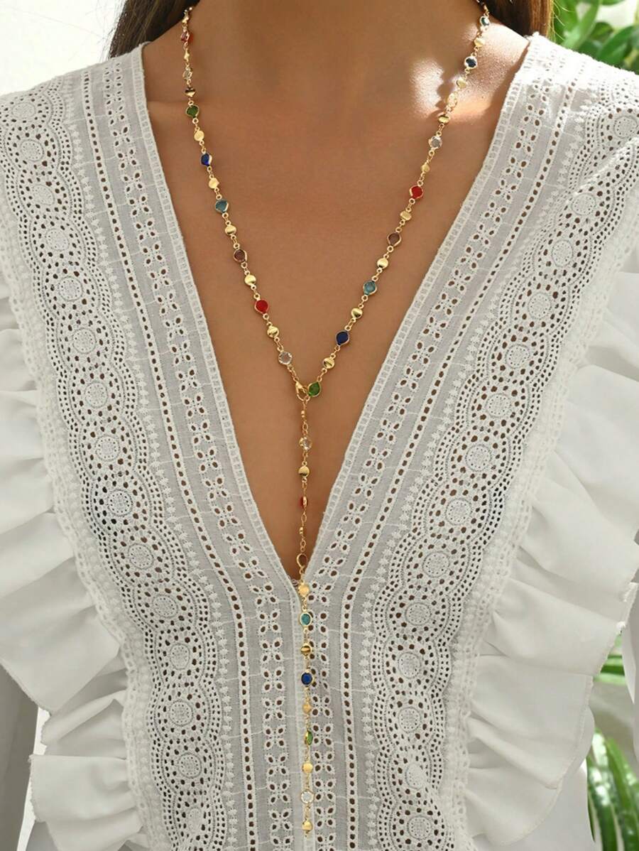 1 件女士 Y 形链流苏项链，百搭长链彩色仿水晶吊坠项链，送给朋友的礼物