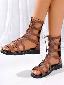 Women's Rhinestone Decor Wedge Sandals, Fashionable Open Toe Hollow Out Back Zipper Shoes, Comfortable Summer Outdoor Sandals - Brown - View 2