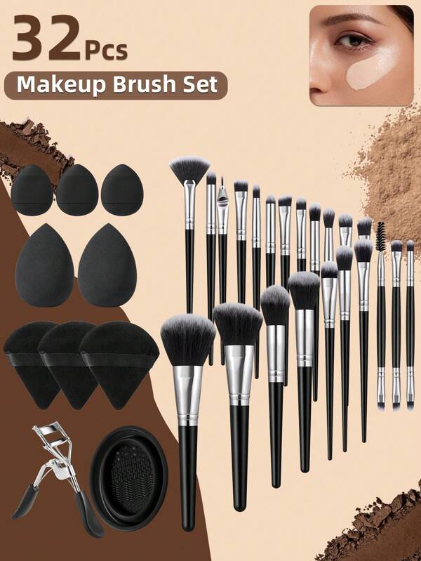 32-Piece Makeup Brush Set Includes 22 Black And Silver Makeup Brushes + 2 Beauty Sponge Egg Makeup Sponge Applicable For Liquid Cosmetics + 3 Triangular Powder Puffs For Loose Powder + 3 Finger Puffs For Facial Concealing + 1 Eyelash Curler To Enhance Lash Curl + 1 Brush Cleaning Bowl For Cleaning Brush Bristles