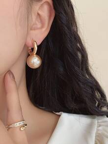 1 Pair Copper Alloy Faux Pearl Fashion Hoop Earrings, Versatile For Commuting & Daily Wear - Coffee Brown - View 2