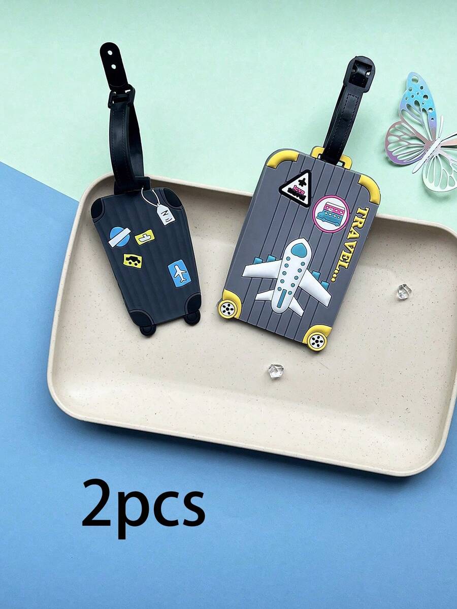 2 piezas Etiqueta de equipaje de dibujos animados lindos, etiqueta de maleta de PVC con tarjetas de identificación antiperidida, resistente al agua, portátil y con protección de privacidad con etiqueta colgante con muñequera para accesorios de viaje para hombres y mujeres - Gris - Ver 1