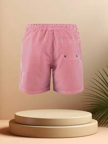 Men's Vertical Striped Drawstring Waist Swim Trunks - Red - View 2