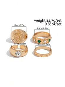 4-Piece Set Asymmetrical Diamond Decor Vintage Geometric Design Fashion Rings