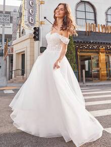 Elasola Elegantes vestidos de noche de encaje con cuello en V y abertura lateral para mujeres, vestidos de graduación de sirena brillante de encaje largo para bodas - Beis - Ver 4