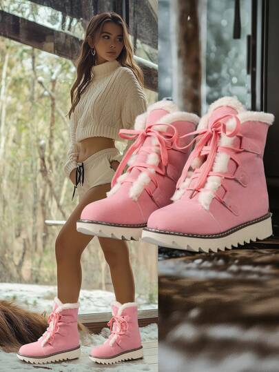 Botas de nieve para mujer de media pantorrilla color rosa 2025, de punta redonda, estilo casual con cordones, forradas térmicamente, con pelo grueso, cálidas, versátiles, de ante, con plataforma, tallas grandes, botas cortas de invierno, ligeras, antideslizantes