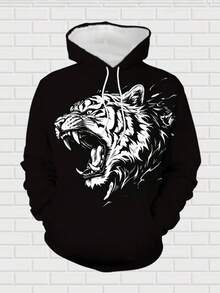 男士休闲 3D 虎纹连帽衫和运动裤套装，舒适涤纶时尚春秋季服装，印花，个性化，两件套 - 彩色 - 查看 3