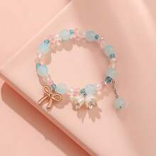 1PC Sweet Lily Bead Elastic Bracelet - Floral Charm Gradient Bead Bow Pendant, Adjustable Buckle, Cute Birthday Gift, Student's First Choice, Best Friend Accessory, Casual Wristband, Friendship Accessory, Simple Design, Exquisite Craftsmanship, Pearl Embellishment - 粉色 - 查看 3