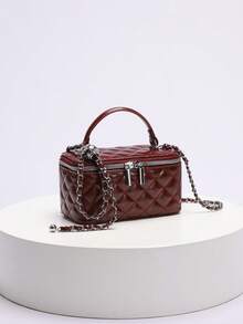 1pc Fashion PU Quilted Rhinestone Embroidery Box Bag, Zipper Small Square Bag, Women's Handbag With Chain Strap, Burgundy, Fashionable Burgundy Bag , Red Bag , Burgundy Bag - Burgundy - View 5