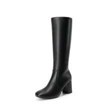 Women's Gogo Boots Square Toe Side Zipper Chunky Heel Solid Color Fashionable Simple Knee High Boots For Women - 黑色 - 查看 4