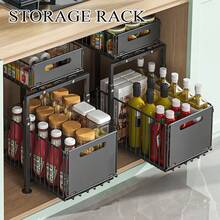 Pull-Out Storage Rack For Under The Sink - No Drilling Required / Space-Saving - Ideal For Storing Snacks, Condiments And Household Items - 黑色 - 查看 1