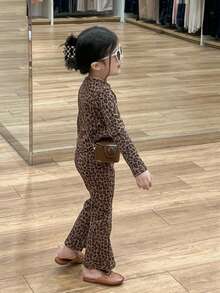 Girls Leopard Print Long Sleeve T-Shirt And Flare Pants 2-Piece Outfit, Fashionable And Stretchy, Autumn - Brown - View 3