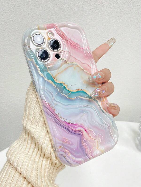 Cream Wavy Marble Glossy Protective Phone Case, Compatible With IPhone 16/11/16pro/16plus/16promax/16e/15Promax/13/14/12/XS/XR/7G/8P, Compatible With Samsung Galaxy S25/S25PLUS/S25 Ultra/A16/A36/A26, Anti-Drop Phone Protective Cover