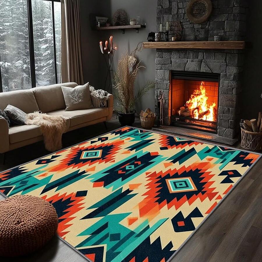 3x5 Rugs, 2x3 Rug, Southwestern Rustic Area Rug, Colorful Geometric Door, Washable & Non - Slip Small Carpet, Home Decor - 藍綠色 米色 橘色 - 查看 1