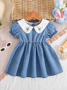 女婴可爱优雅花卉刺绣彼得潘领牛仔泡泡袖连衣裙 - 藍色 - 查看 1