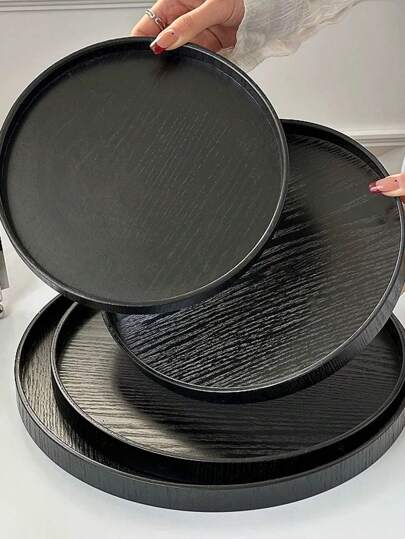 1pc Black Round Wooden Tray, High-Quality For Serving Food, Snacks, Beverages, Sushi, Steak, Pizza, Desserts, Cakes, Breads, Breakfast, Coffee, Tea, Charcuterie Boards, Suitable For Eid, Christmas, Halloween