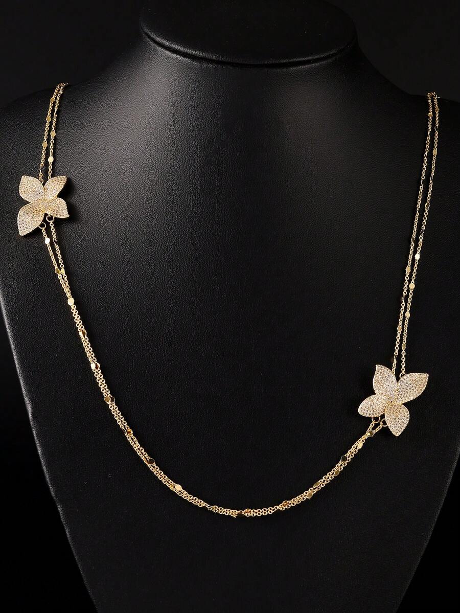 rakol 1 件时尚优雅的叶子方晶锆石双层项链，适合女士 - 項鍊 - 查看 1