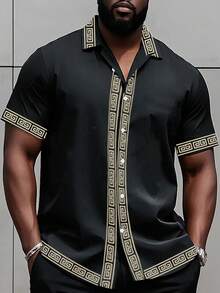 大码男士复洛克宫廷风格漩涡印花纽扣领短袖衬衫 - 黑色 - 查看 2