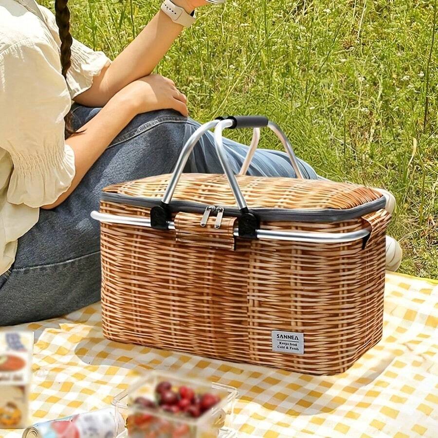Cesta de almacenamiento portátil con aislamiento de 1 pieza - Diseño plegable con asas dobles y varillas de soporte, ideal para fiestas de cumpleaños, viajes por carretera, compras y aventuras al aire libre. Bolsa de transporte esencial para acampar | Accesorios de moda | Cesta de almacenamiento de gran capacidad