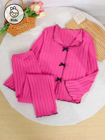 2pcs Girls Pajama Set, Autumn/Winter, Fashion Casual Elegant Bow Collar V-Neck Long Sleeve Top & Mauve Long Pants