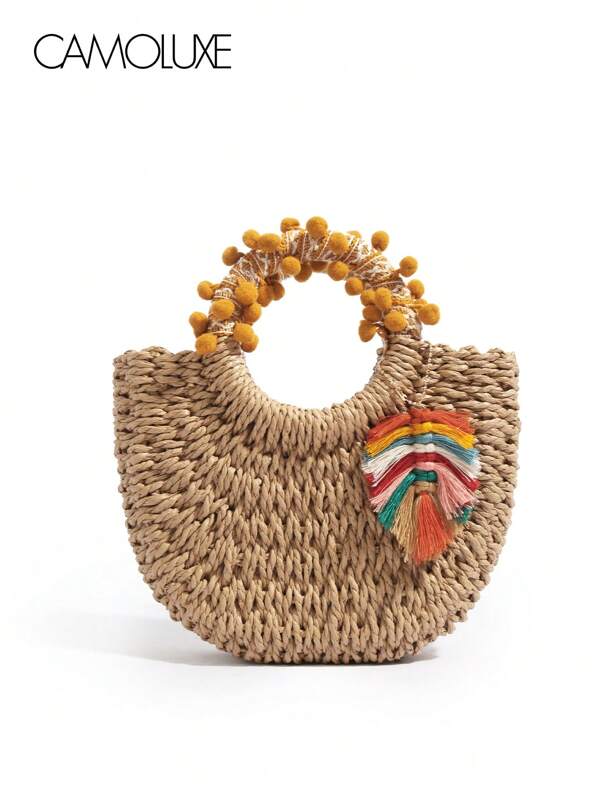 Bohemian Style Mini Straw Handbag, Exquisite Handwoven Craftsmanship, Comfortable & Cute Pom Pom Handles, Colorful Tassel & Leaf Pendants, Essential Summer Beach Vacation Item, Lightweight & Portable, Suitable For Storing Phone, Lipstick, Sunglasses, Create Your Unique Fashion Look, Eye-Catching In Social Media Photos!