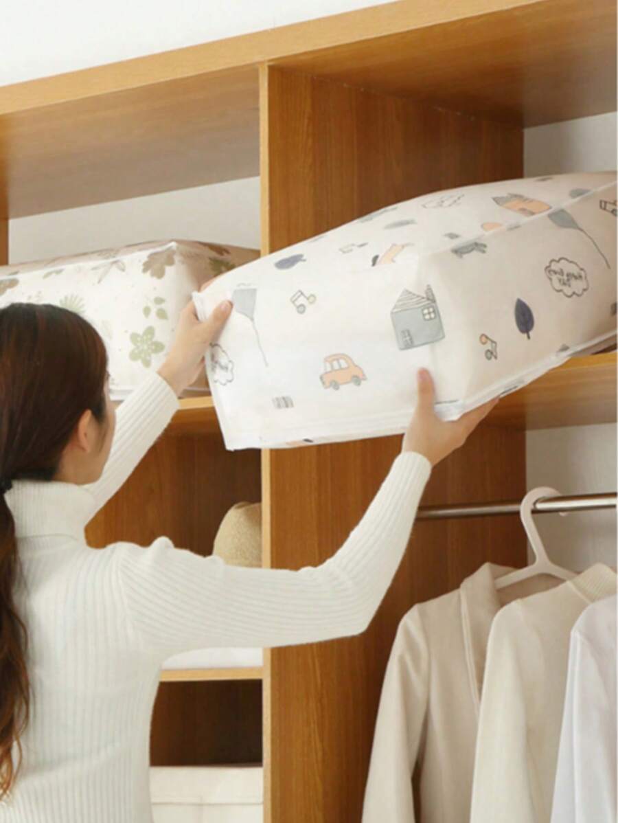 1pc Transparent Printed Large Capacity Foldable Storage Bag, Home Use - Blue and White - View 1