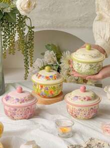 1pc Vintage Floral Ceramic Bowl With Lid, Spoon Included, Rustic Lily Of The Valley Green Casserole Dish, Homemade Dessert & Soup Bowl, Creative Dinnerware, Suitable For Daily Use