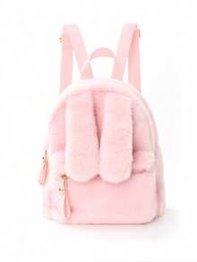 Custom Embroidered Girl's Mini Backpack, Plush Kawaii Girls Backpack, Lightweight Casual Daypack With Cute Bunny Ears, Solid Color Fashion Small Shoulder Bag For Daily Outings & Travel, Holiday Gift,Christmas Gift Supplies