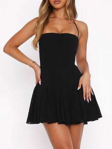 Women's Summer Halter Mini Dress Bodycon Ruched Backless Tie Flowy Ruffle Party Club Short Dresses - Black - View 3