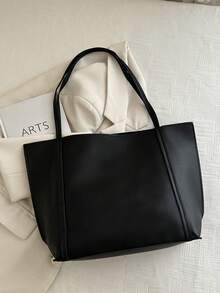 2pcs Women's Solid Color Embroidered Thread Fashion Large Capacity Shoulder Tote Bag With Snap Closure - Black - View 5