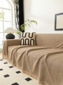 1 现代奢华防滑沙发巾沙发罩防猫抓保护沙发奢华高档沙发套毯子座垫全包四季通用适用于沙发桌布野餐垫多用途卧室客厅办公室户外棉麻人字纹 - 咖啡棕 - 查看 2