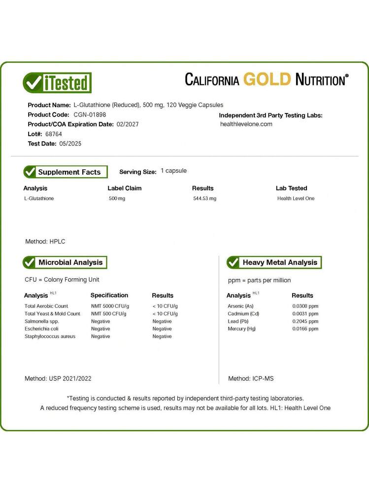 California Gold Nutrition L-Glutathione (Reduced), 500 Mg, 120 Veggie Capsules